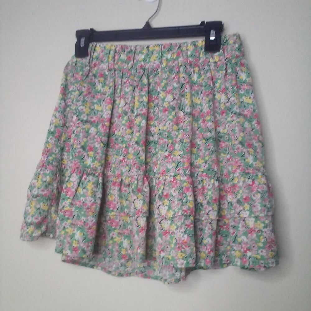 Umgee Skirt S Women Short Ruffle Pull On Elastic Back Waist Colorful Floral